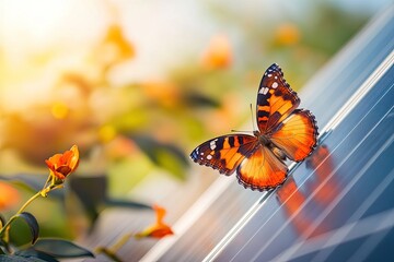 Fototapeta premium A close-up of solar panels with a butterfly resting on them, symbolizing harmony with nature