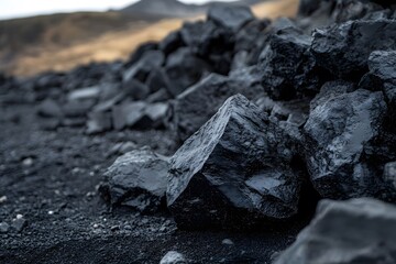 Pile of black coal rocks on ground with blurred background.