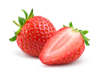 Juicy strawberries with cut in half isolated on white. Clipping path.