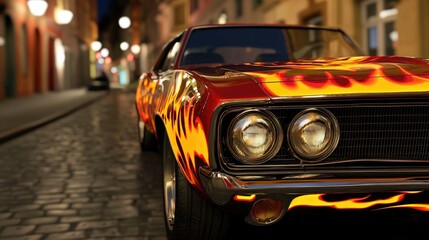 A vibrant classic car with flame decals parked on a cobblestone street, illuminated by warm streetlights in a charming urban setting.