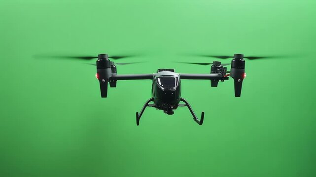 Professional quadcopter drone hovering steadily against vibrant green screen, showcasing precision flight capabilities for seamless visual effects and advanced compositing techniques