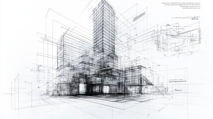 Fototapeta premium Futuristic Architectural Blueprint Sketch of Modern Skyscraper City Development Detailed technical drawing of a visionary urban landscape with high rise buildings gridlines and geometric shapes