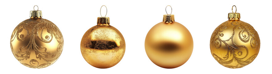 Elegant Gold Christmas Ornaments with Intricate Designs and Textures, PNG bundle collection, Isolated on Transparent Background