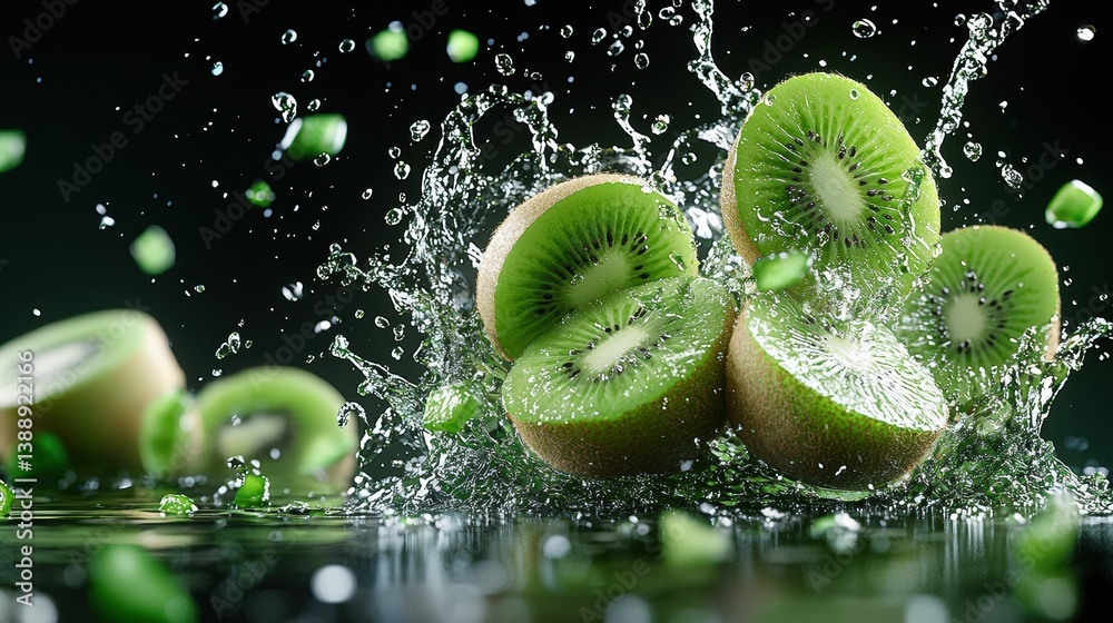 Poster a close up of a bunch of green kiwi fruit with water splashing around them