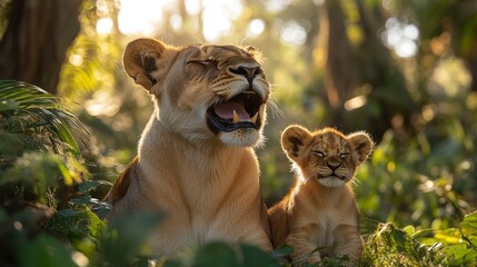 Obraz premium Lioness yawns beside her cub in a forest environment with sun shining through the trees
