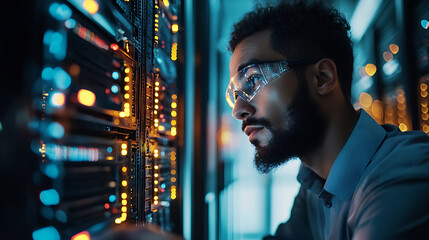A technician monitoring a network server, server room with glowing equipment and cables in the background, High-tech style