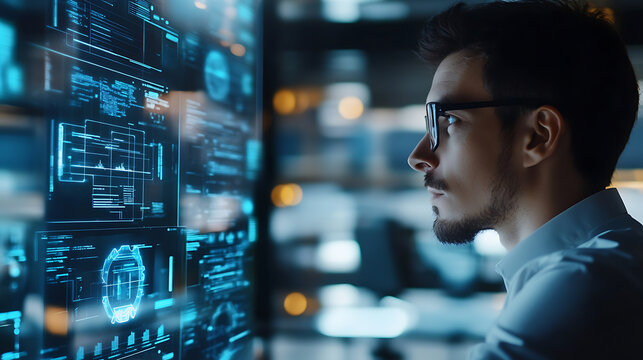 A virtual assistant developer testing AI responses, sleek office with digital interfaces and AI conversation flows displayed, High-tech style