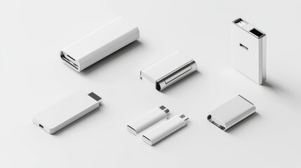 Flash drive mockup set featuring open and closed versions with realistic shadows on a white background. 
