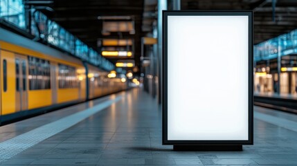 Illuminated advertising display board standing on an empty train station platform with a commuter train in the background