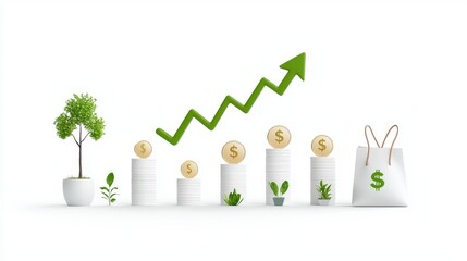 An depicting the progression of financial success through investment savings and strategic growth symbolized by a thriving tree and rising trend line