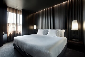 A Modern Bedroom Interior Decorated With Light And Dark Elements
