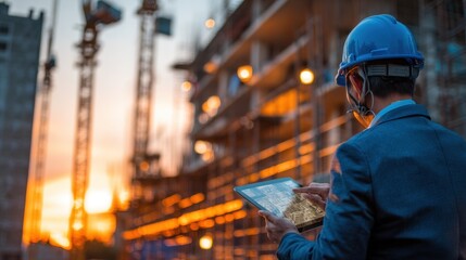 Construction worker wearing safety gear on a job site with heavy machinery and building materials in the background