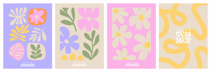 Creative concept of spring summer cards set with abstract leaves, plants, flowers. Modern art minimalist style design templates for celebration, ads, branding, banner, cover, label, poster, print