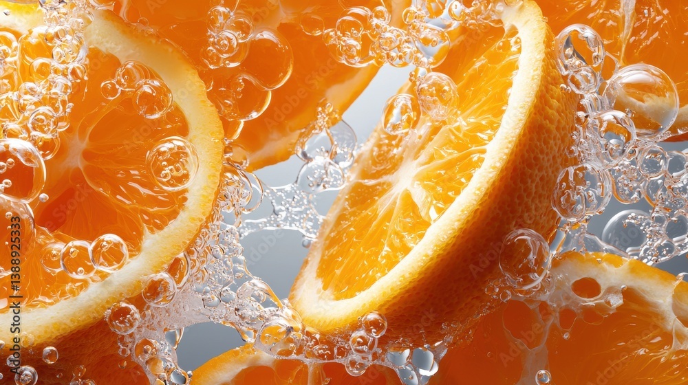 Poster a close up of an orange with water splashing around it