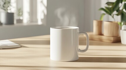 Obraz premium A white ceramic mug with steam rising from freshly brewed tea on a light wooden table pic