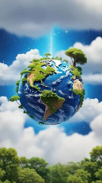 Earth covered with trees and greenery rotates in the sky, environmental awareness