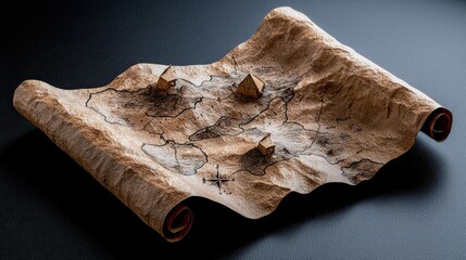 A map of a fantasy world with three mountains and three small buildings