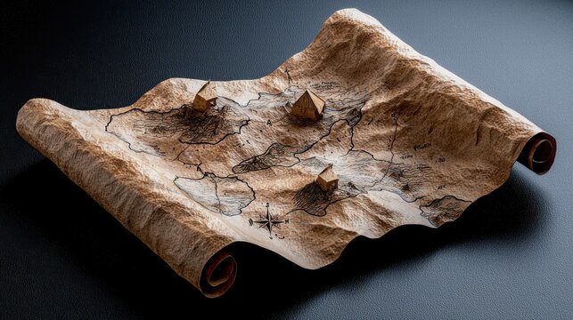 A map of a fantasy world with three mountains and three small buildings