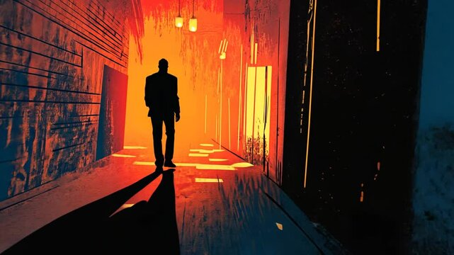 Silhouette of a mysterious man walking in a dark, moody, stylized alleyway