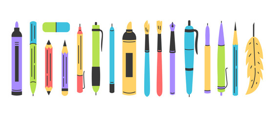 Writing Supplies Stationery Large Group of Objects. Colorful Office School Tools Equipment Row Plastic Felt Tip Pen Pencil Marker Text Highlighter Feather Quill Paintbrush Flat Vector illustration