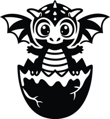 Cute and stylish dragon hatching from an egg silhouette vector art, cute dragon hatching from an egg line art vector illustration design