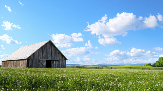 rustic barn stands in lush green field under bright blue sky, surrounded by fluffy clouds