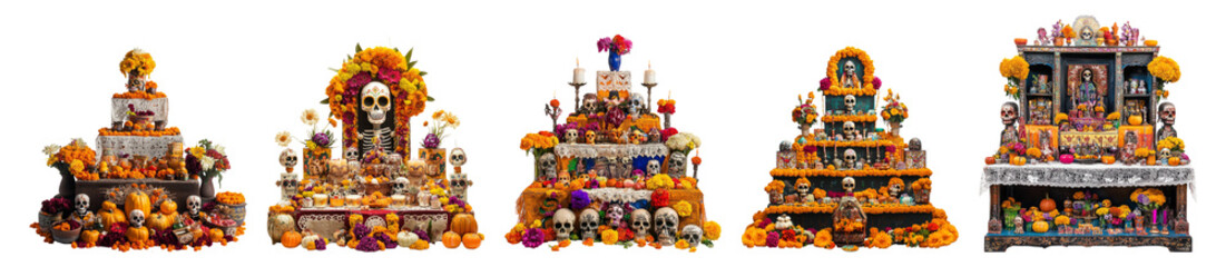 Traditional Mexican Altars for DÃ­a de los Muertos Festival Celebration, PNG bundle collection, Isolated on Transparent Background