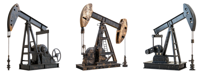 Vintage Pumpjacks in Industrial Setting for Energy Production, PNG bundle collection, Isolated on Transparent Background