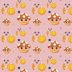 Seamless pattern, kids theme, with hamster with coin, bitcoin and mushroom