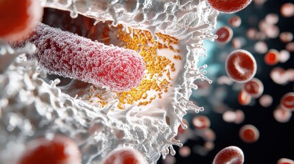 A close up of a red and white cell with a red blob in the middle