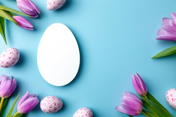 Easter-themed banner background with a blank, white, egg-shaped card for text, a sky blue color palette, decorated eggs and pink purple tulips flowers in the corners, and a flat lay composition.