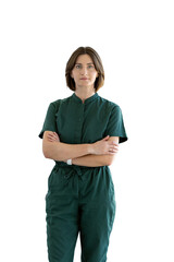 portrait of woman in medical uniform on transparent background, woman in green uniform looking at camera. medicine and healthcare