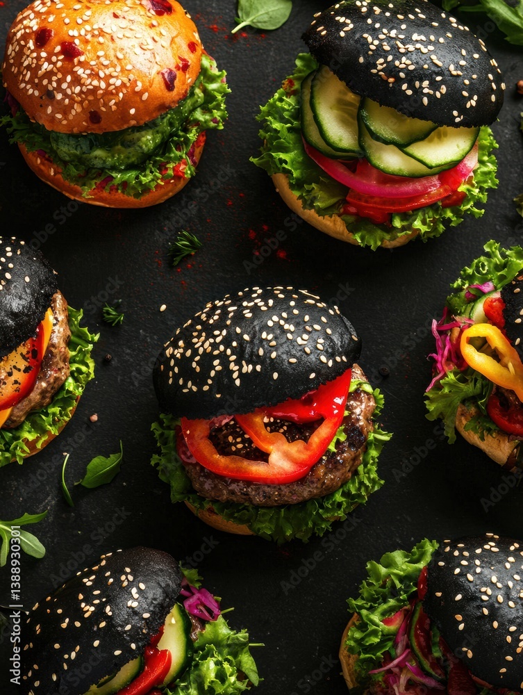 Poster satisfying assortment of colorful burgers with unique buns and fresh toppings under ambient lighting