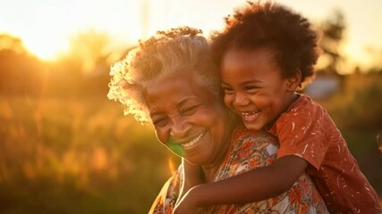 Warm, joyful video scene of a grandmother and child embracing at sunset. Captured from a side angle, highlighting their smiles and golden light.