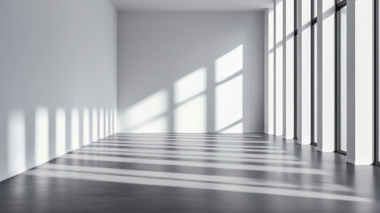 Fototapeta premium Minimalist interior with large windows casting shadows on floor