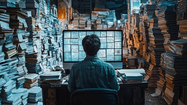 Overwhelmed worker, stacks of documents, computer