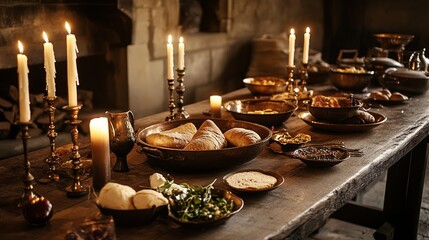 A rustic dining table set for a feast with candles, bread, and an assortment of dishes pic