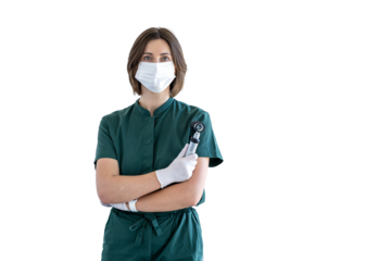 Portrait of a girl doctor dermatologist with a dermatoscope on a transparent background. Beautician in uniform on a transparent background. Skin health care and beauty. Portrait of a female doctor on