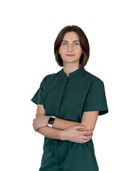 portrait of woman in medical uniform on transparent background, woman in green uniform looking at camera. medicine and healthcare
