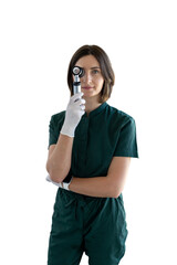 Portrait of a girl doctor dermatologist with a dermatoscope on a transparent background. Beautician in uniform on a transparent background. Skin health care and beauty. Portrait of a female doctor on 