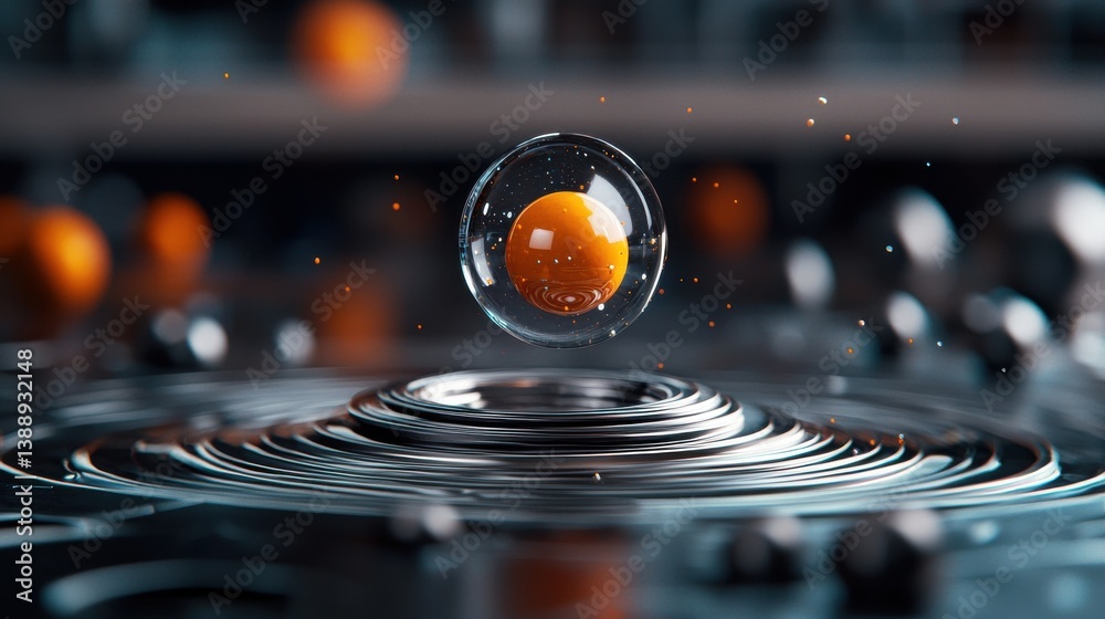 Poster a sphere of orange is floating on top of a wave of water