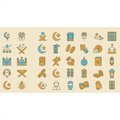 Mosque and Crescent Line Icons in Vector