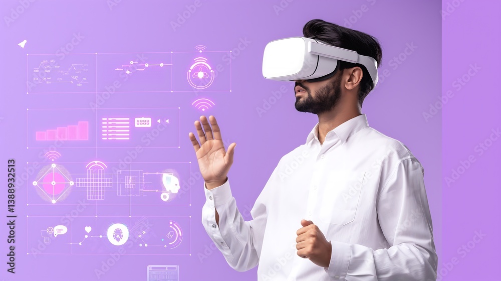Poster augmented reality visualization of artificial intelligence tools hovering around a businessman, show