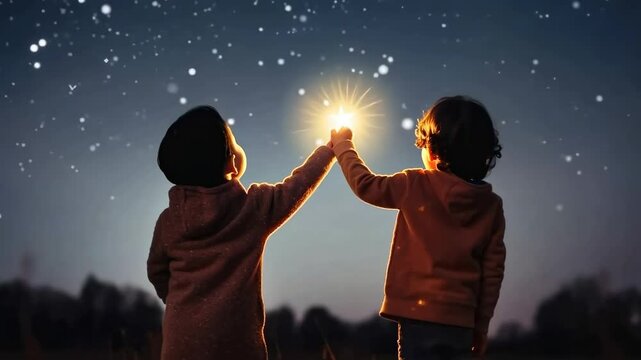 Two children under a starry sky, reaching for a glowing light. Shot from behind at eye level, evoking wonder and magic, like a scene from a video.