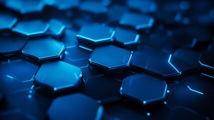 Fototapeta premium Close up of a blue hexagon pattern with glowing edges on a dark background in a futuristic style