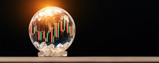 Candlestick in crystal globe predicting stock market profit concept. A crystal ball showcasing financial market trends in vivid colors.