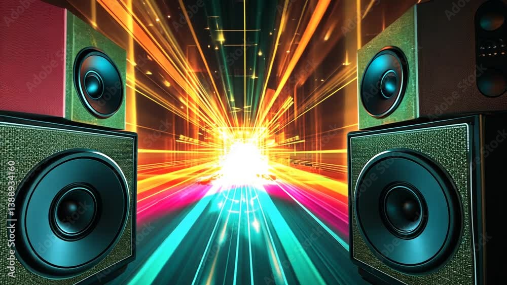 Poster energetic music visualizer with pulsating light rays and dynamic audio speakers