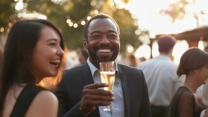 Politician is enjoying a glass of champagne at an outdoor political fundraising event, surrounded by colleagues and supporters, creating a vibrant and celebratory atmosphere