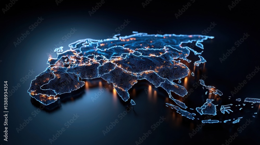 Aufkleber A map of the world with a blue background and a glowing, illuminated look