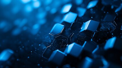 Fototapeta premium Close up of blue hexagonal shapes with a dark background and soft lighting effect creating depth